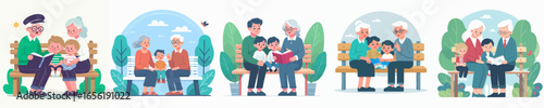 Cartoon Illustration of Grandparents and Grandchildren on a Park Bench Spending Time Together
