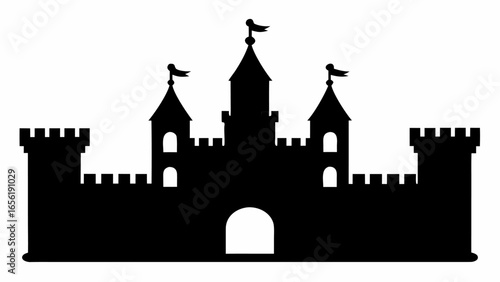 Silhouette of a castle with towers flags and crenellations against a white background in a simple design
