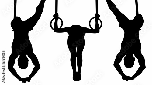 Silhouette of gymnasts performing on rings with various poses and body positions in artistic display