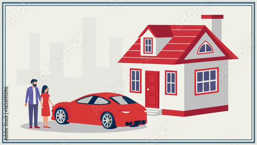 Happy Couple New Home and Red Car.