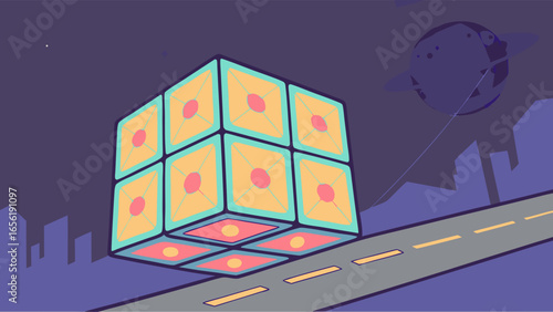 Futuristic Illuminated Cube Rolling on Road at Night.