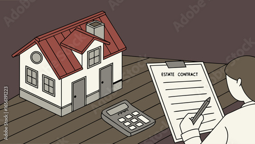 Home Purchase Contract Signing with Model House and Calculator.