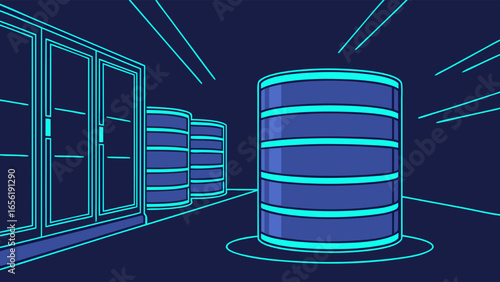 Futuristic Server Farm with Cylindrical Data Centers.