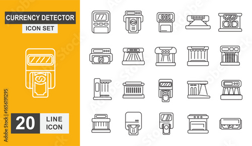 Currency detector icon set. Cash, money, detector, finance, bank and more line icon.