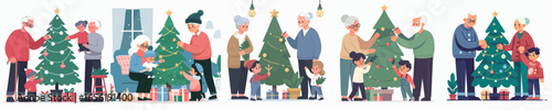 Cheerful Flat Illustration of Grandparents and Grandchildren Decorating Christmas Tree