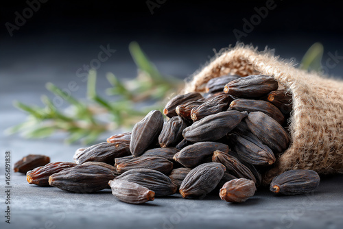Tonka beans with wrinkled black surface, realistic macro photography, gourmand perfume ingredient.