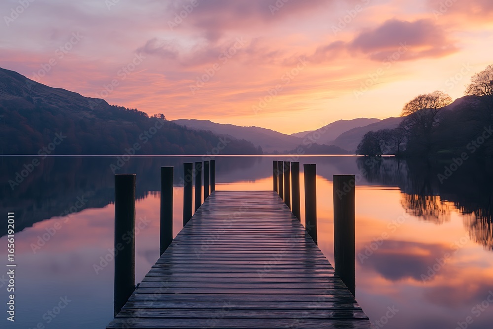 Obraz premium Serene wooden pier extending into a tranquil lake under a vibrant sunset sky