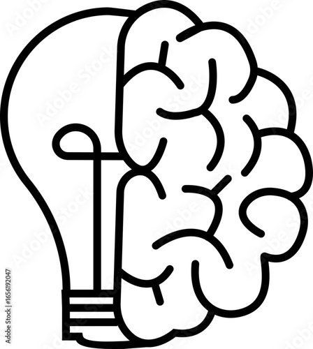 Light bulb idea icon, creativity and innovation symbol with brain, and power sign lack solid outline style vector illustration for business and education