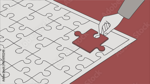 Hand Placing Red Puzzle Piece into Puzzle.