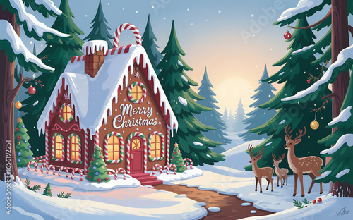 Cozy gingerbread cottage in a snowy forest on a magical Christmas morning. Christmas background. 