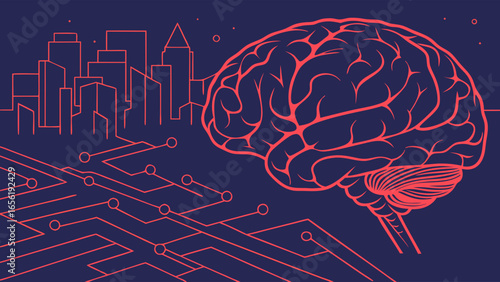Human Brain with Cityscape and Circuitry.