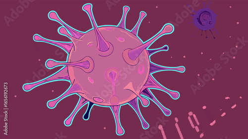 Illustrated Pink Coronavirus Cell with Spikes and Cyan Outline.