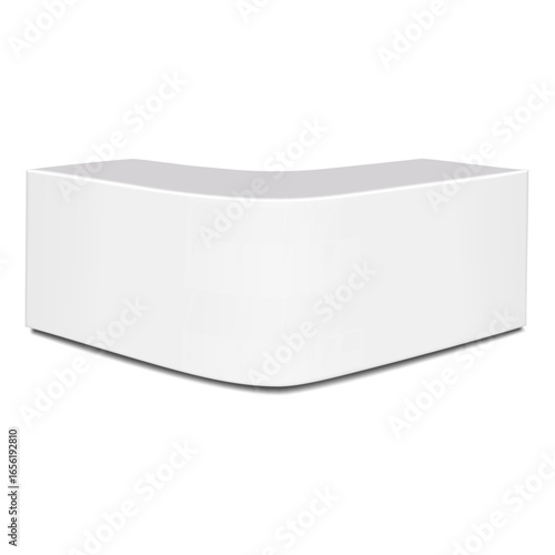 White blank tradeshow promotional table for brand design. Realistic 3d vector mockup. Portable round curved exhibition trade show counter stand. Mock-up. Reception desk. Template