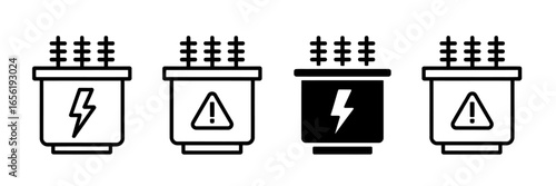 Electrical safety symbols transformer icons warning signs set in simple line design collection