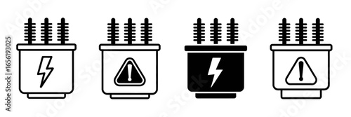 Electrical safety symbols transformer icons warning signs set in simple line design collection