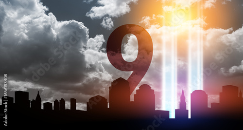 September 11 Tribute In Light Art Installation in the Lower Manhattan New York City Skyline at Sunset. 9.11 concept.