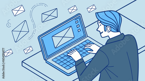Man Using Laptop with Email Icons Illustration.
