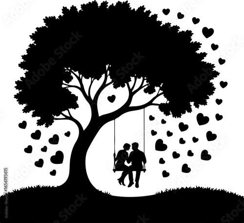 one branch hangs a swing with two people sitting closely together in silhouette form
