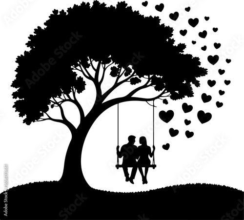 one branch hangs a swing with two people sitting closely together in silhouette form