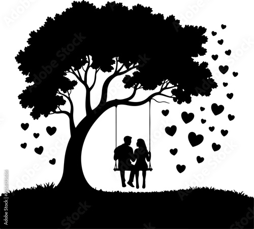one branch hangs a swing with two people sitting closely together in silhouette form