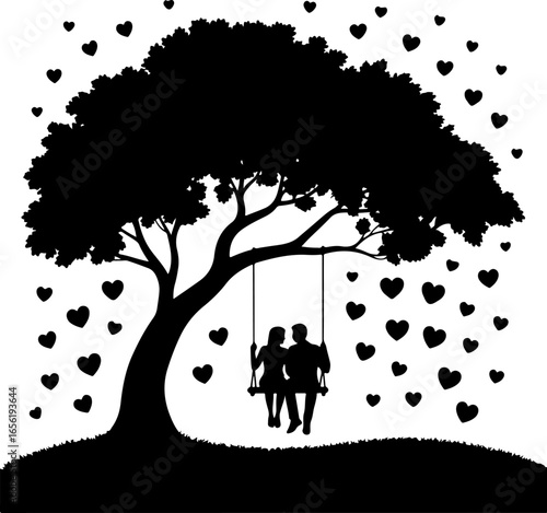 one branch hangs a swing with two people sitting closely together in silhouette form