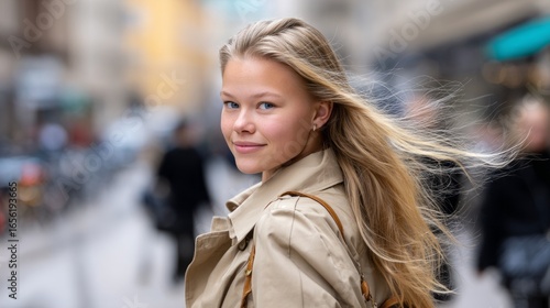 Wallpaper Mural A woman in a stylish trench coat glances back with a soft smile as her hair flows in the wind on a busy city street filled with pedestrians and shops. Torontodigital.ca