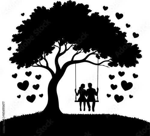 one branch hangs a swing with two people sitting closely together in silhouette form
