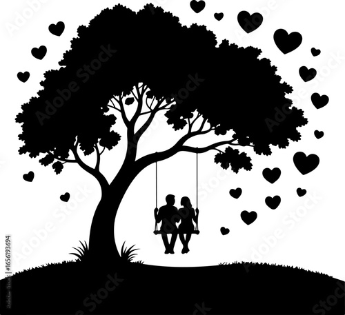 one branch hangs a swing with two people sitting closely together in silhouette form
