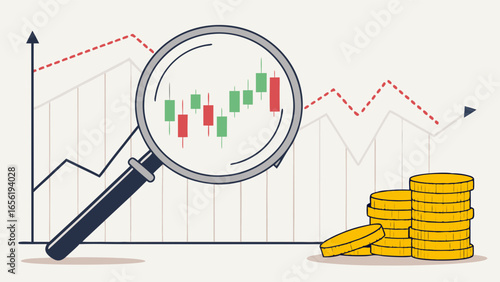 Magnifying Glass Analyzing Candlestick Chart with Gold Coins and Stock Market Graph.
