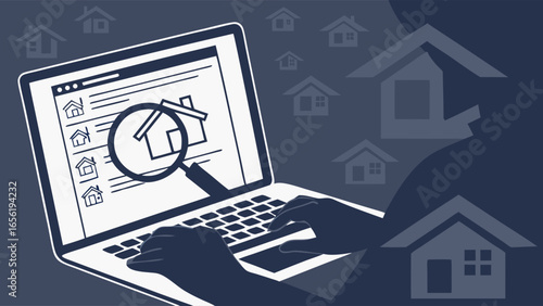 Online House Hunting Laptop User Searching for Properties.
