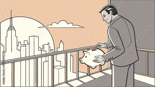 Man in Suit Deposits Coin into Piggy Bank on Balcony.