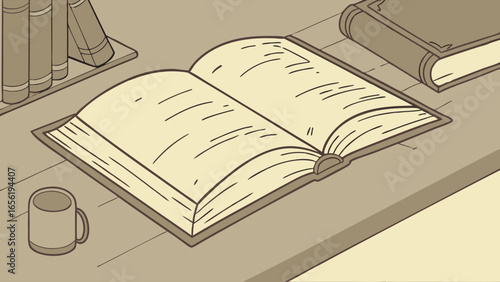 Open Book with CreamColored Pages on Wooden Table.