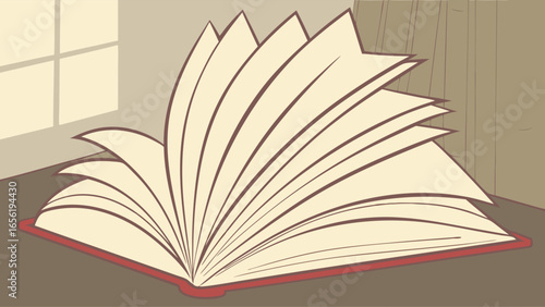 Open Book with Red Cover and Turning Pages Illustration.