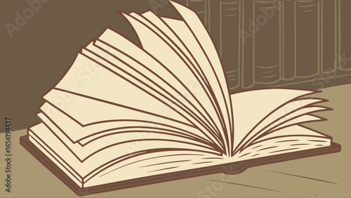 Open Book with Pages Fanning Out Vintage Style Illustration.