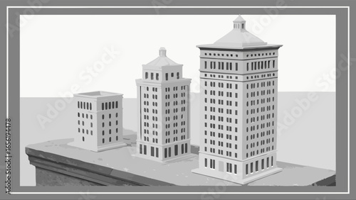 Monochrome Architectural Model of Three Skyscrapers.