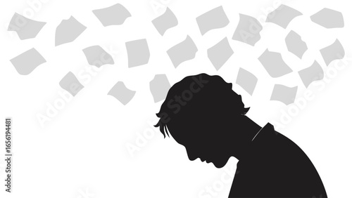 Overwhelmed Man Silhouette with Falling Papers.