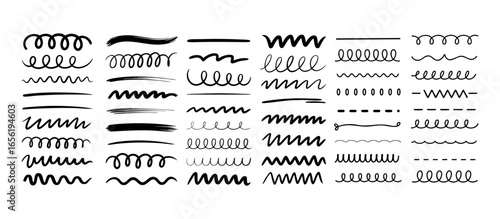Collection of hand-drawn vector lines, artistic brush strokes, and wavy doodle dividers set