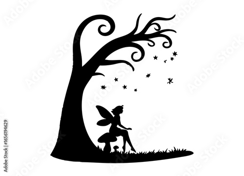 Whimsical silhouette of a fairy sitting on a mushroom under a magical, swirling tree