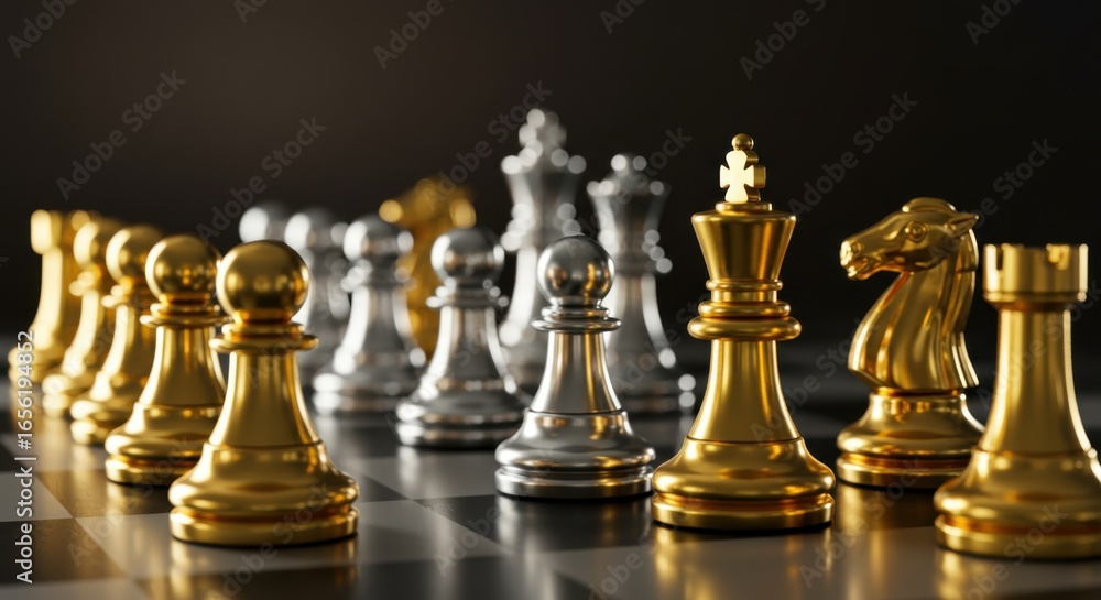 Golden and silver chess pieces stand ready on a chessboard Golden and silver chess pieces stand ready on a chessboard