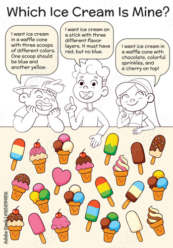 Fun logic game for kids: read each child’s ice cream order and match it to the right one. Great for developing attention, reasoning, and visual discrimination skills. Find the Match. Spot it.