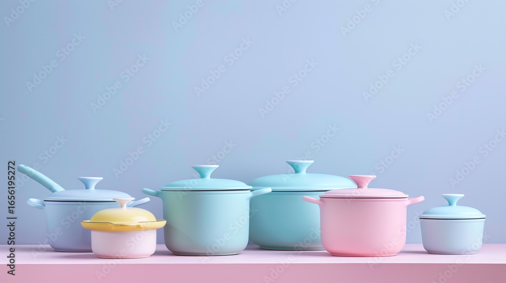 Fototapeta premium Contemporary solid-color cookware photographed in modern portrait style, with soft pastel hues, minimal design language, and spotlighting to highlight texture and form