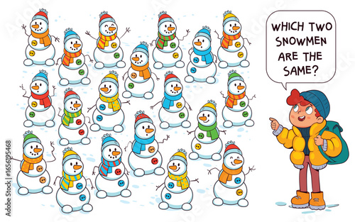 Find the Matching. Winter-themed puzzle for kids: find the two identical snowmen among many. Great for developing attention, visual perception, and matching skills through playful observation.
