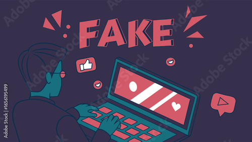 Person Using Laptop with Fake Text and Social Media Icons.