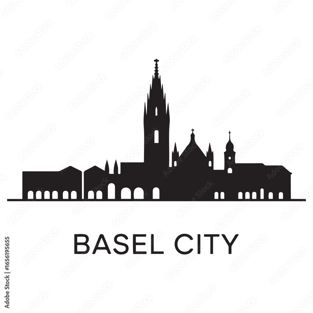 Fototapeta premium Basel skyline horizontal banner. Basel City, Switzerland. Vector template for your design. Vector black silhouette. with white background