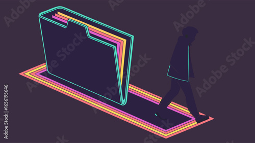 Person Walking Towards a Large Neon File Folder on a Multicolored Path.
