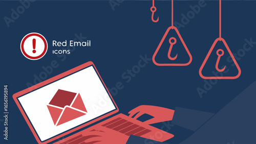 Red Email Phishing Concept with Laptop and Hooks.