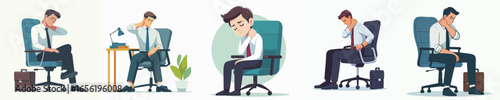 Cartoon Illustration of Unhealthy Stressed Business Man Sitting on Office Chair