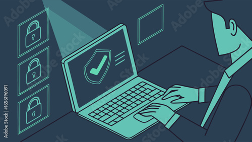 Secure Laptop Use with Lock Icons and Protection Symbol.