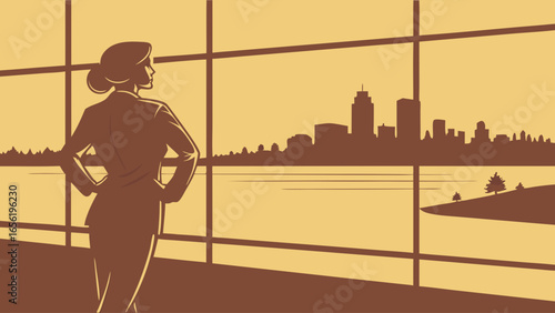 Silhouette of Confident Businesswoman Looking at Cityscape.