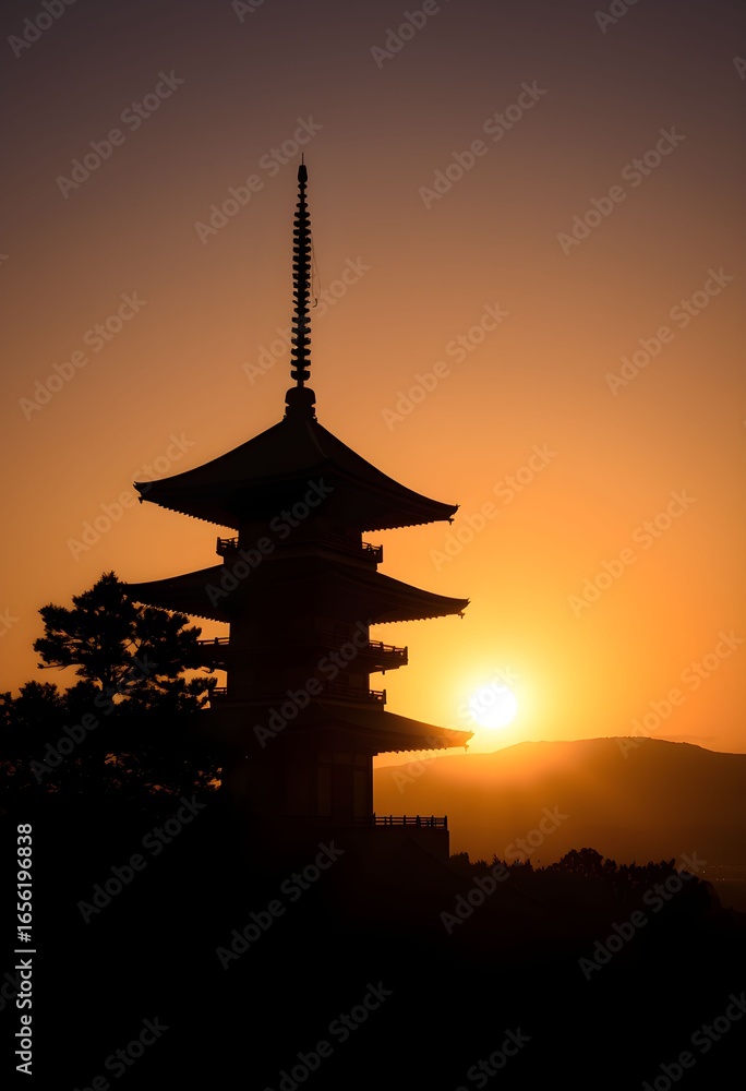 Silhouette of a Japanese pagoda against a vibrant sunset sky, capturing the golden hour. Silhouette of a Japanese pagoda against a vibrant sunset sky, capturing the golden hour.